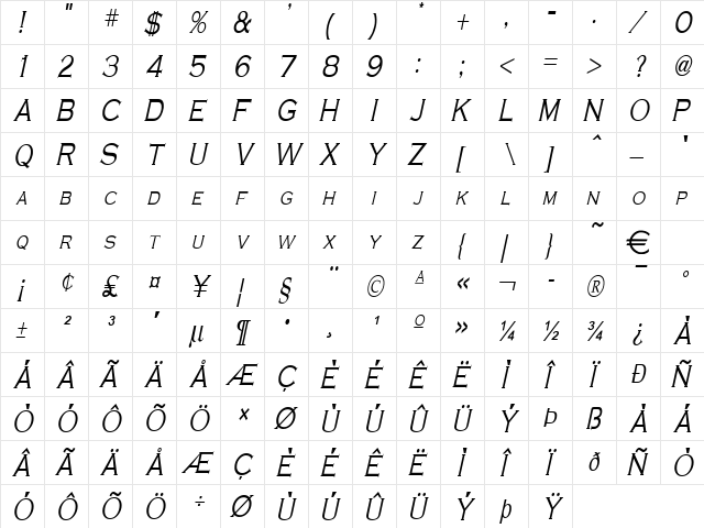 CobaltThin Italic  glyph index