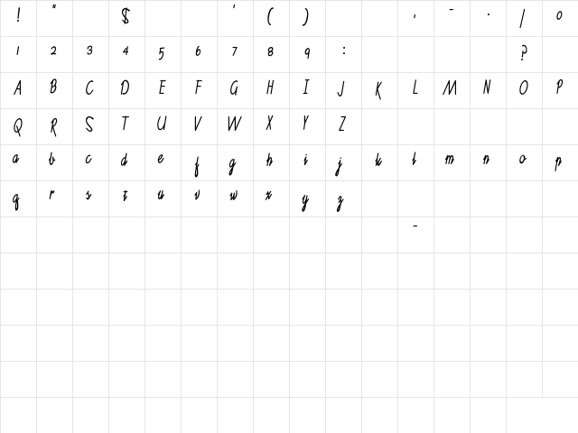 Ruth Script Regular  glyph index