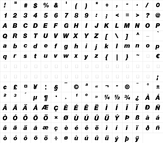 HelveticaNeue LT 96 BlackIt Regular  glyph index