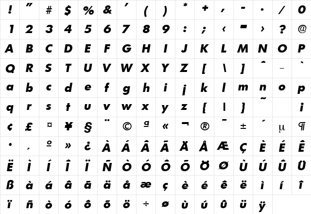 Limerick-Serial-ExtraBold RegularItalic  glyph index