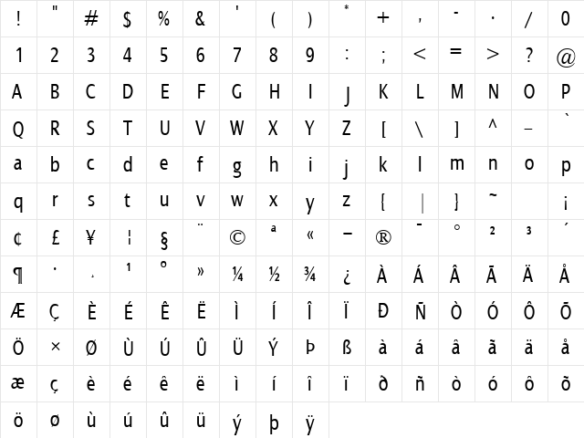 Dialog Cond Regular  glyph index