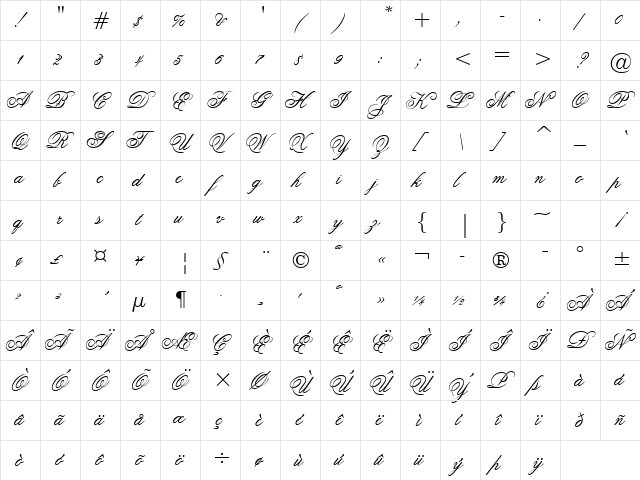 Flemish Script ES Regular  glyph index