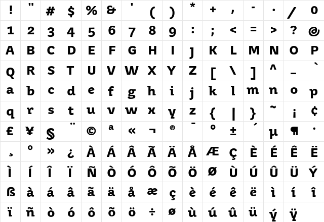 Juvenis Text Bold  glyph index