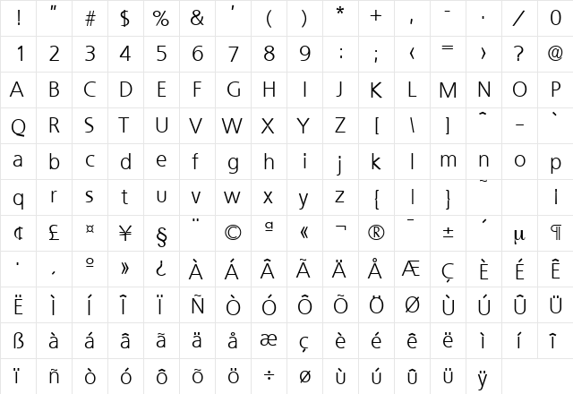 Quebec-Serial-Light Regular  glyph index