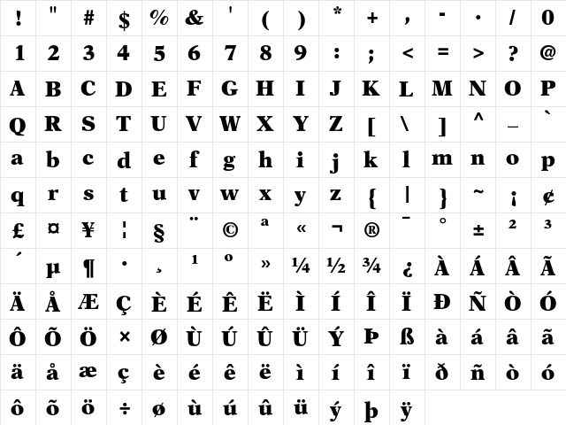 NewAster Regular  glyph index