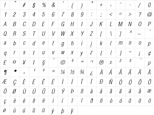 SwitzerlandCondLight Italic  glyph index