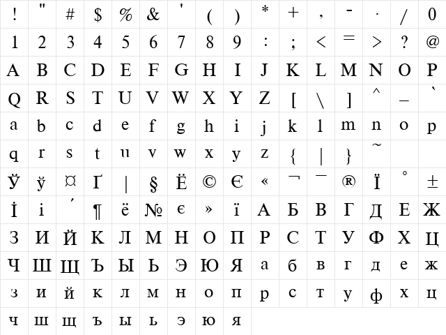 TimesDL Regular  glyph index