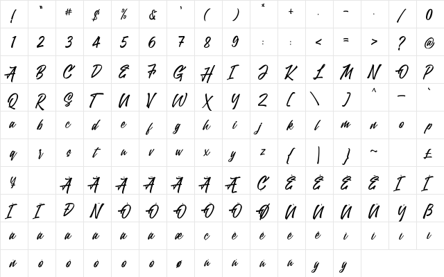 Trushme Script Regular  glyph index