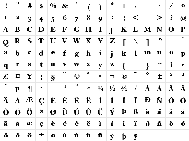 Caslon Book BE Regular  glyph index