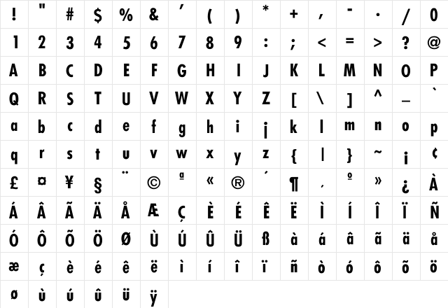 Futura-Condensed-Bold Regular  glyph index