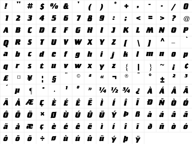 ATCrillee ExtraBoldItalic  glyph index