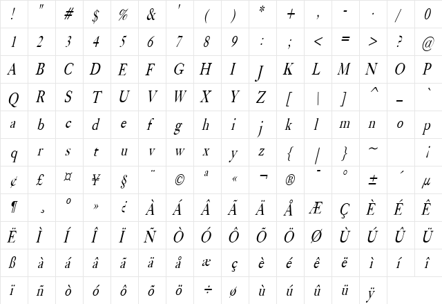 Bliss Thin Italic  glyph index