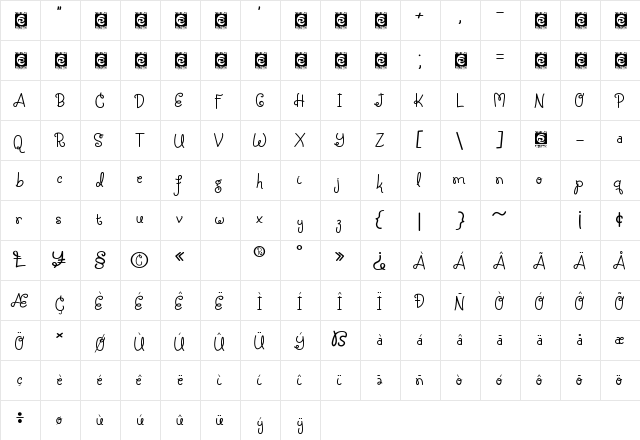 Silky Candy Regular  glyph index