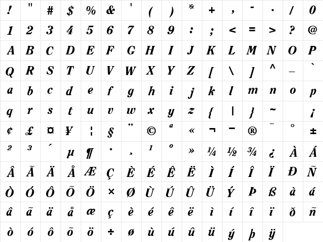 ClearfaceBlackSSK Bold Italic  glyph index