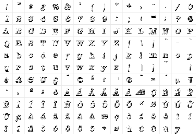 TypewriterShadow Italic  glyph index