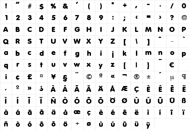 Volkswagen-ExtraBold Regular  glyph index