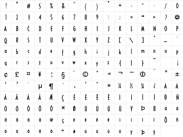Southwestern Bold  glyph index