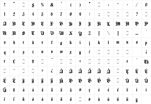 Agincourt Regular  glyph index