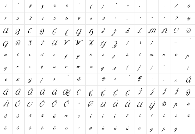 Selya Regular  glyph index