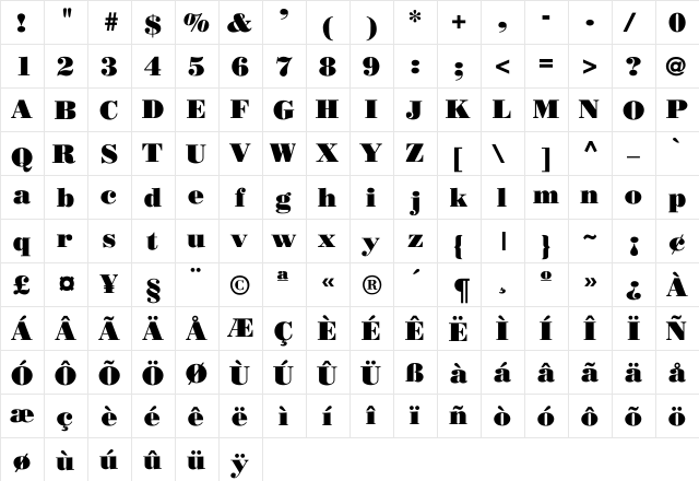 Bodoni-Normal Regular  glyph index