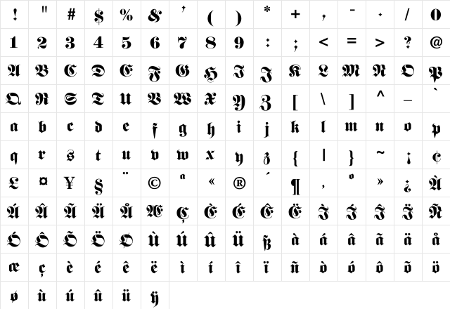FetteFraktur-Normal Regular  glyph index