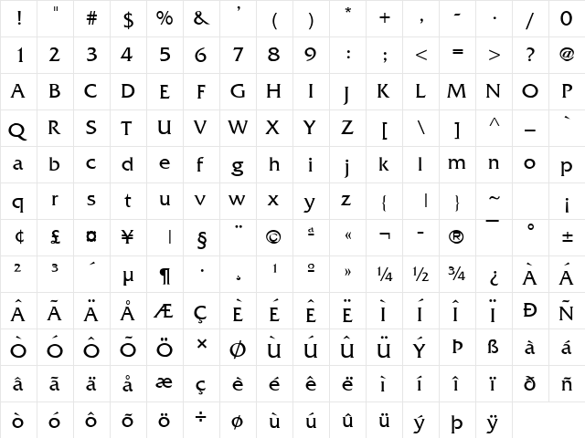 Franco Normal  glyph index