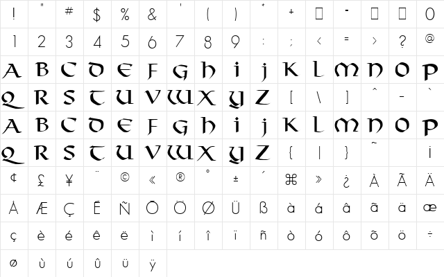 Tarantis Regular  glyph index