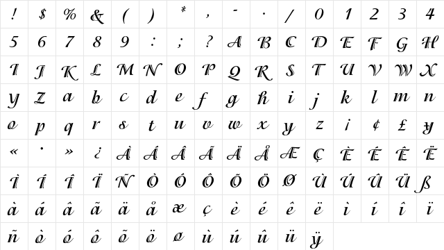 IsadoraEF Bold  glyph index