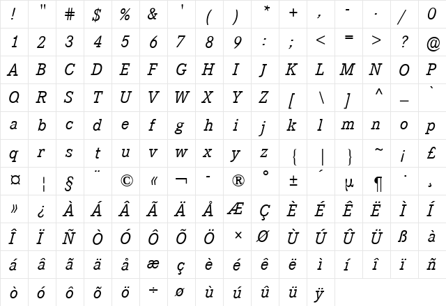 Corporate E BQ Italic  glyph index