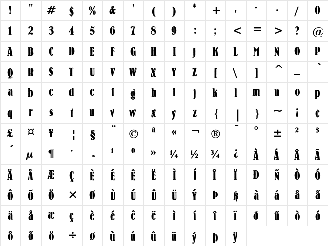 Bernhard Bold Condensed Regular  glyph index