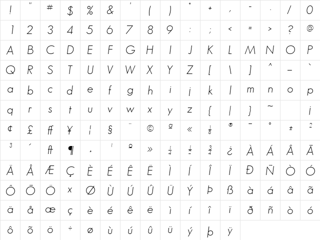 Bougan SSi Italic  glyph index