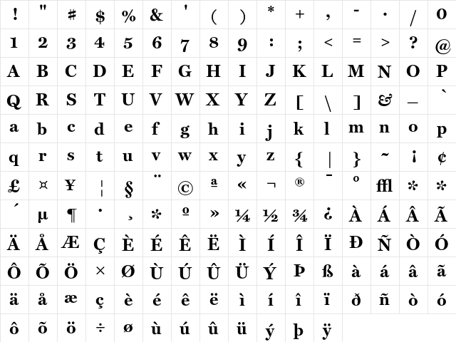 Miller Text Bold  glyph index