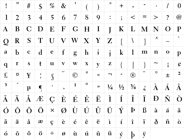 Electra LH Bold  glyph index