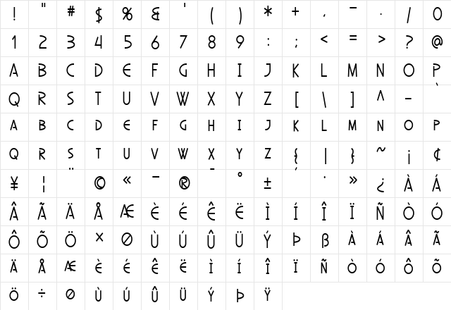 SF Diego Sans Condensed Regular  glyph index