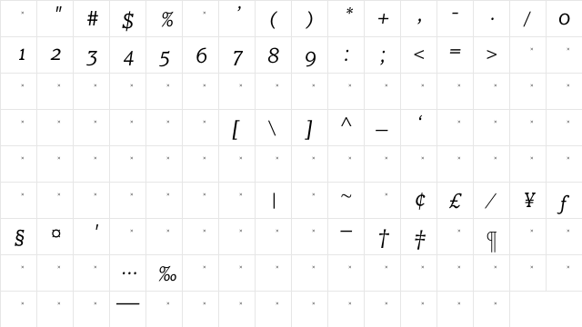 ClaremontLtItalOSTab Regular  glyph index