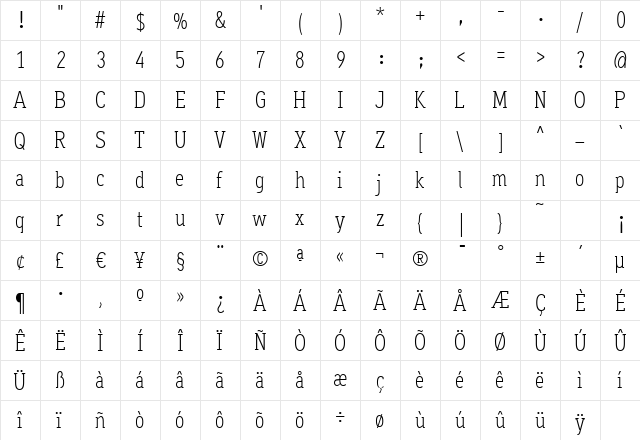 Aaux OfficeLight Regular  glyph index