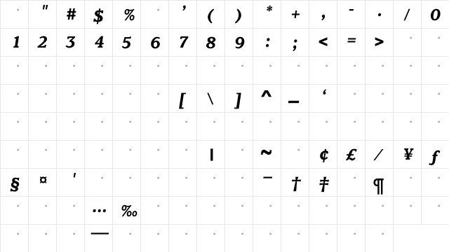ClaremontBoldItalTab Regular  glyph index