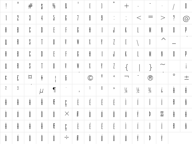 Empire Regular  glyph index