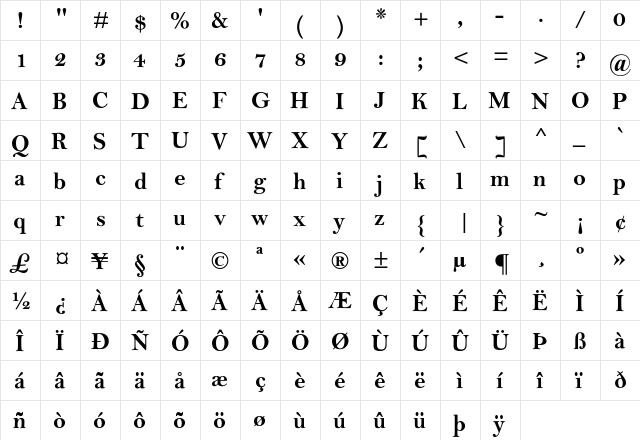 MBell-Bold Regular  glyph index