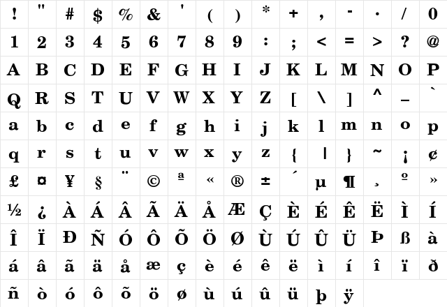 Detroit-Bold Regular  glyph index