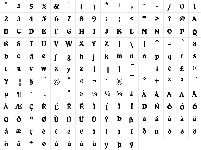 KabarettD Regular  glyph index