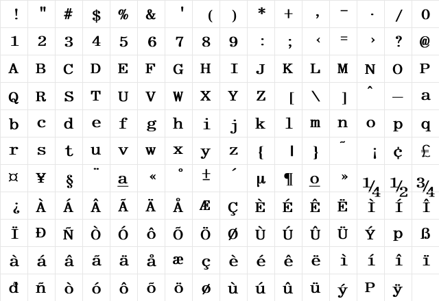 Asphalt Fixed Bold  glyph index