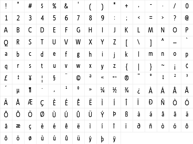 Ligurino Condensed Regular  glyph index