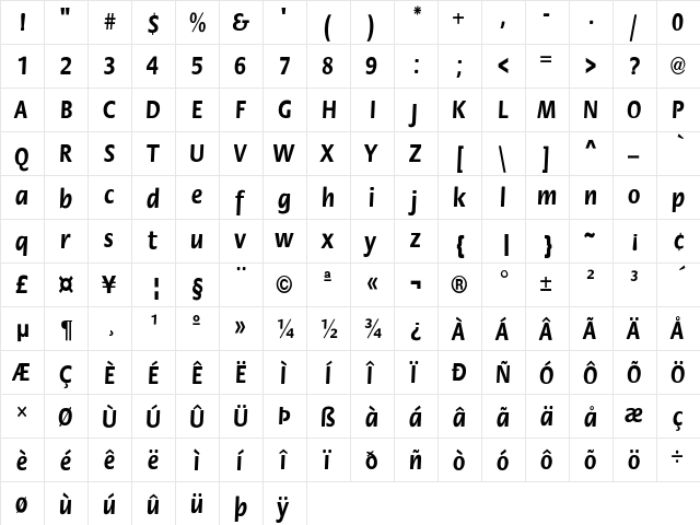 FloraCnd-Bold Regular  glyph index