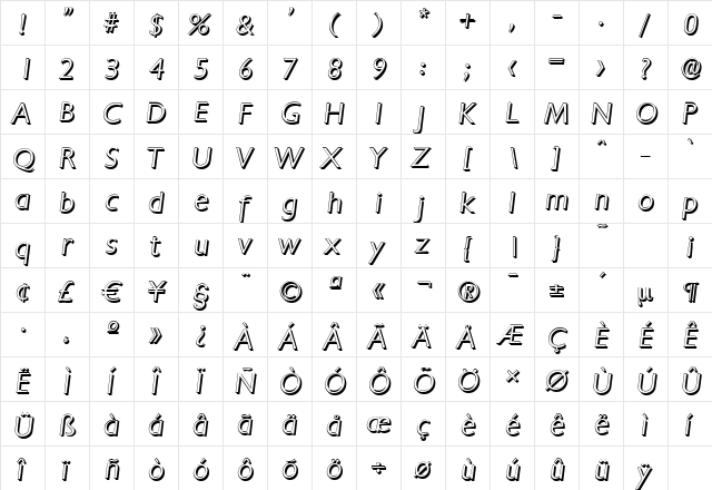 ChantillyShadow-Light Italic  glyph index