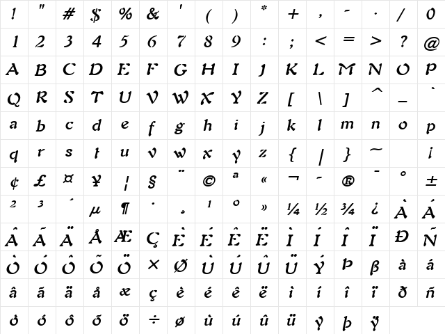 Freedom 9 BoldItalic  glyph index