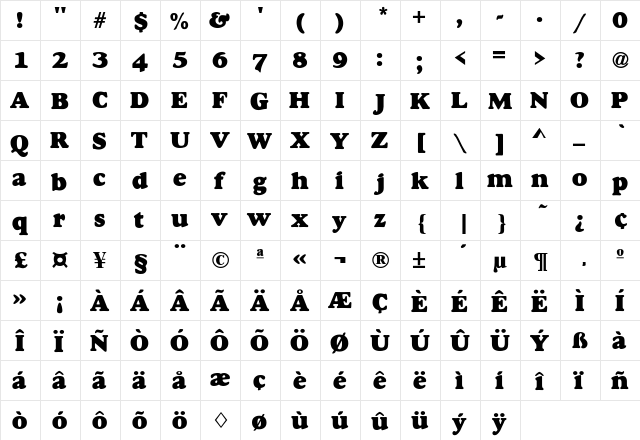 Alexuss Heavy Regular  glyph index