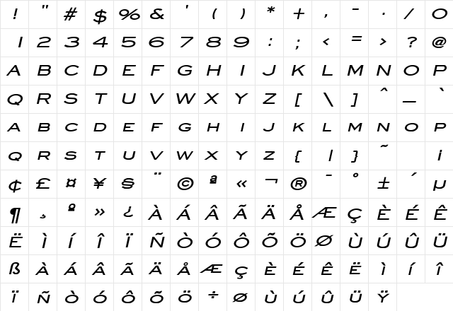Eye glass Wide Bold Italic  glyph index