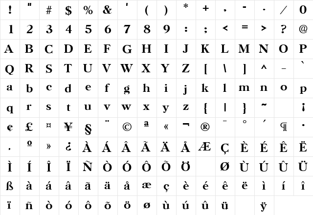 Horsham Bold  glyph index