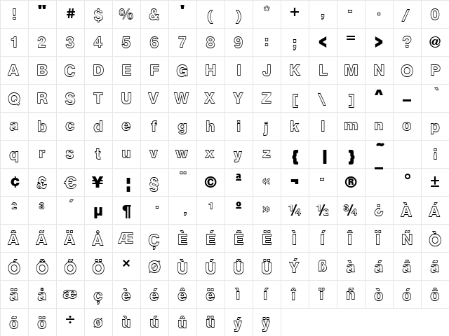 Arezzo-Outline Bold  glyph index